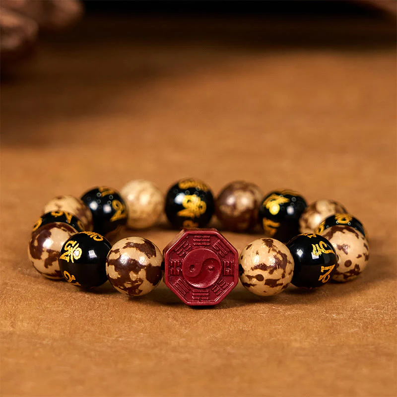 Buddha Stones Bodhi Seed Om Mani Padme Hum Bagua Yin Yang Cinnabar Carved Calm Bracelet