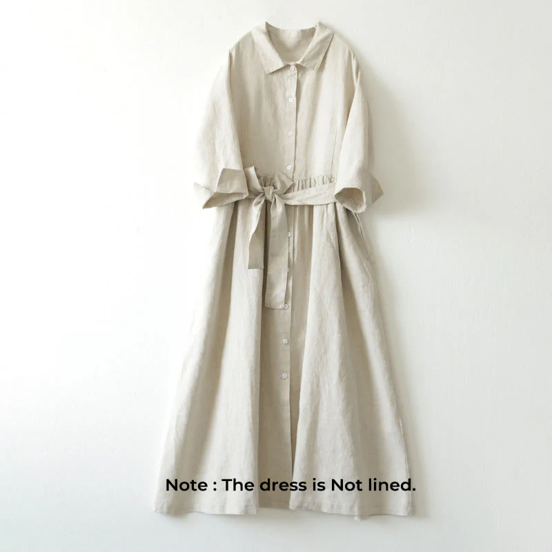 Buddha Stones Casual Plain Lace-up Stand Collar Linen Midi Dress With Pockets