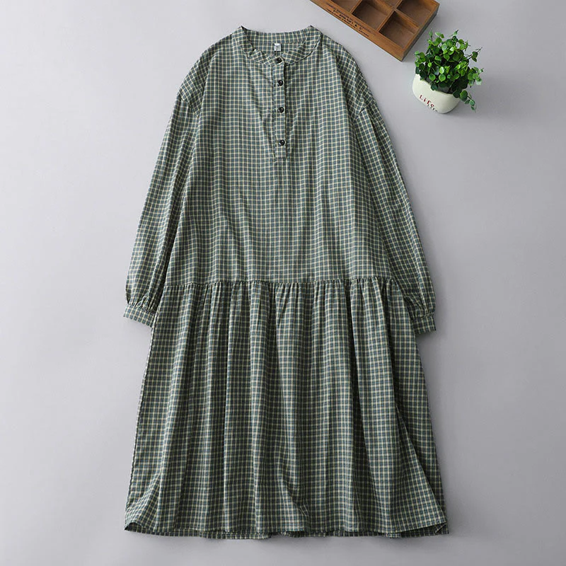 Buddha Stones Casual Plaid Buttons Lantern Long Sleeve Cotton Midi Dress
