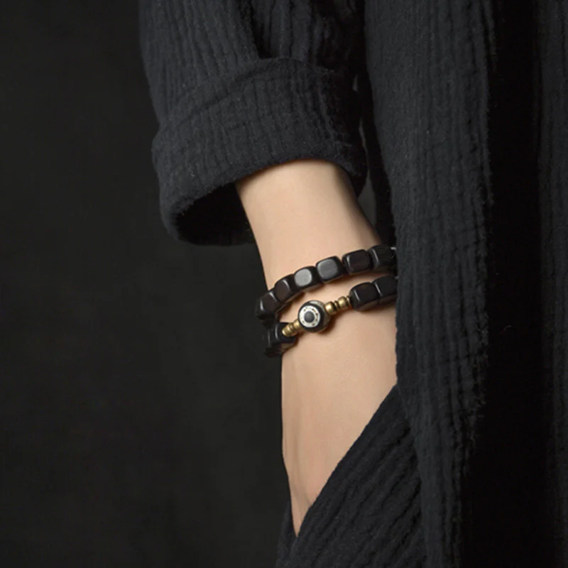 Buddha Stones Ebony Wood Dzi Bead Copper Peace Couple Bracelet