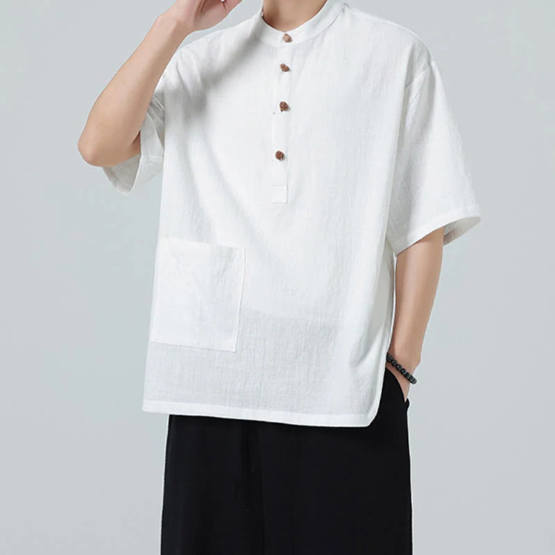 Buddha Stones Casual Half Frog-Button Design Stand Collar Tang Suit Men's Half Sleeve Cotton Shirt With Pocket