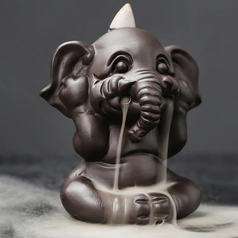 Buddha Stones Cute Elephant Purple Clay Backflow Smoke Fountain Peace Healing Incense Burner Decoration