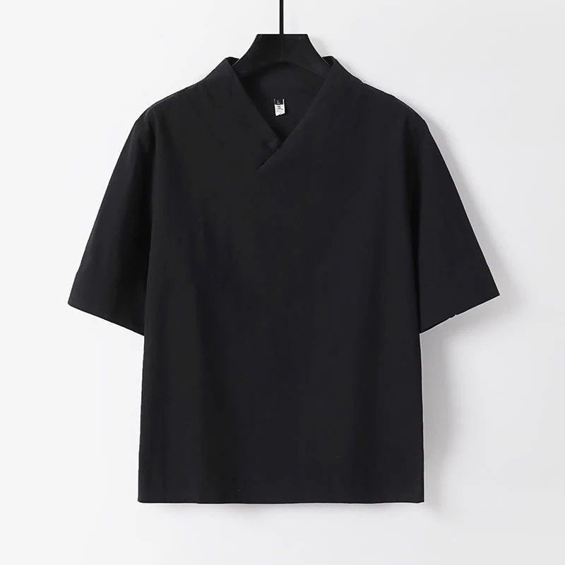 Buddha Stones 2Pcs V-Neck Cotton Half Sleeve Shirt Pants With Pockets Men's Meditation Cloth Set