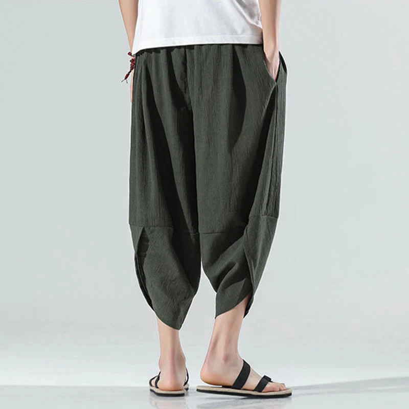 Buddha Stones Plain Simple Design Drawstring 7-8 Length Linen Men's Harem Pants With Pockets