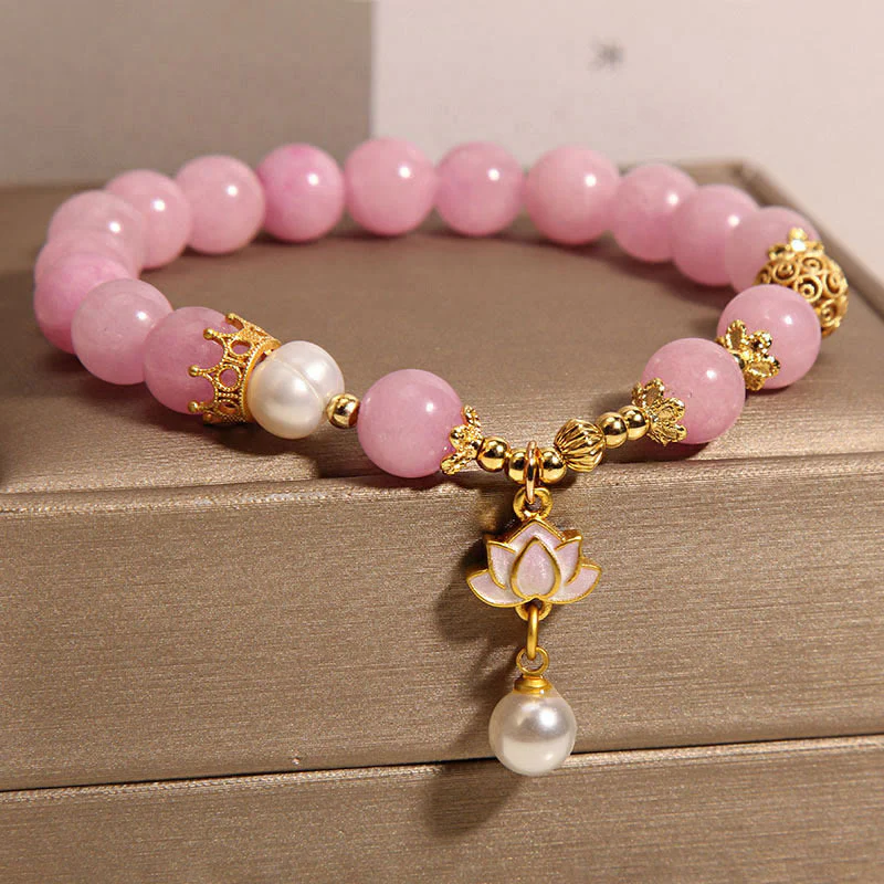 Buddha Stones Pink Quartzite Pearl Lotus Charm Harmony Bracelet