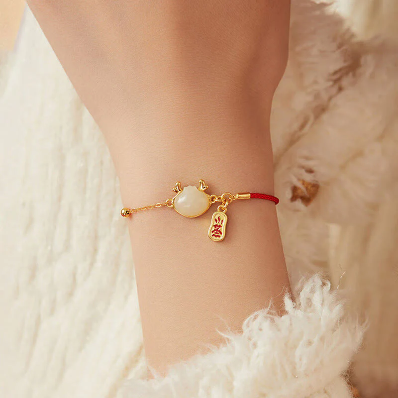 Buddha Stones 925 Sterling Silver Year Of The Dragon Hetian White Jade Chinese Steamed Bun Dragon Design Fortune Blessing Bracelet