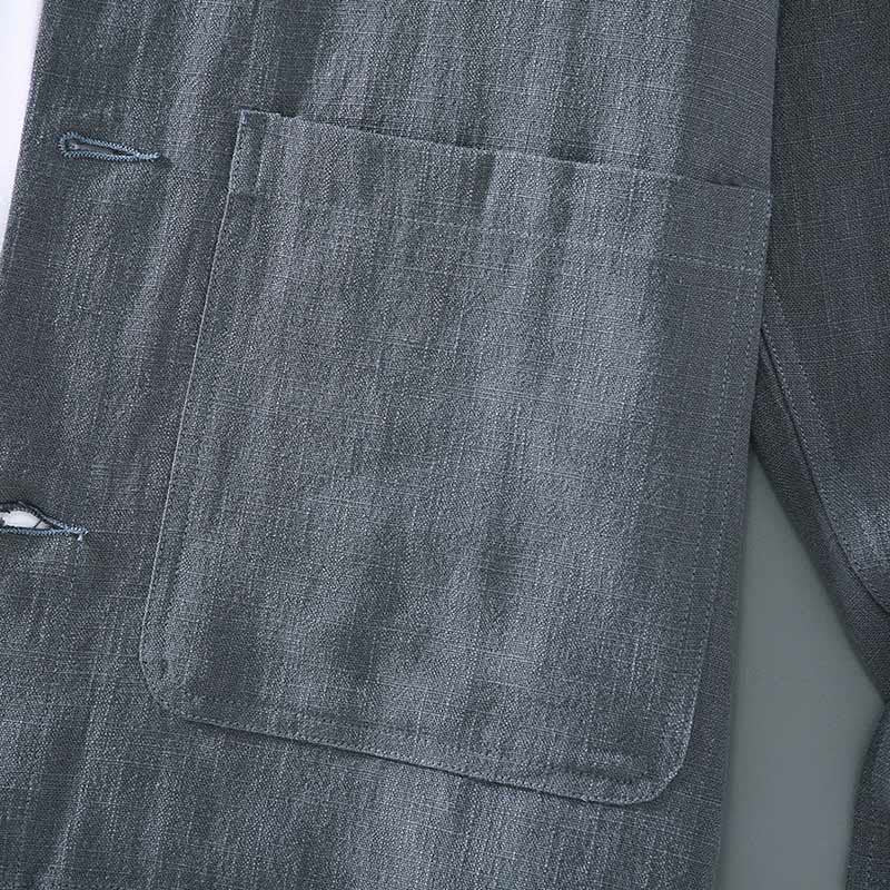 Buddha Stones Casual Plain Long Sleeve Button Lapel  Design Men's Ramie Linen Jacket With Pockets