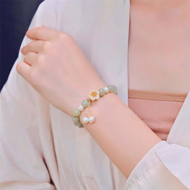 Buddha Stones Hetian Jade Flower Pearl Happiness Abundance Bracelet
