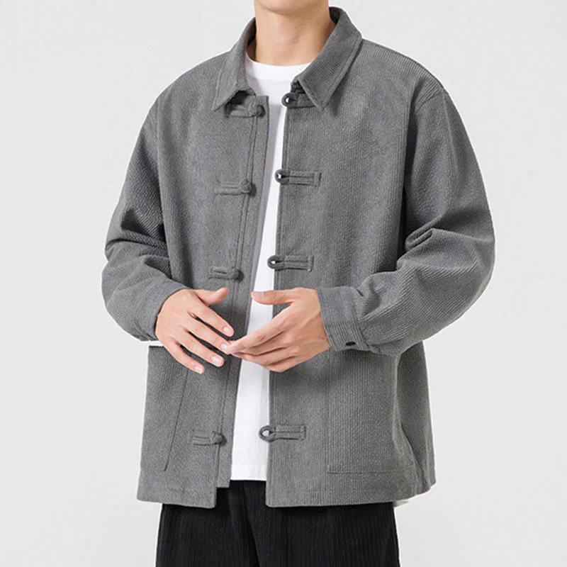 Buddha Stones Long Sleeve Frog-button Design Men's Polyester Jacket Shirt With Pockets