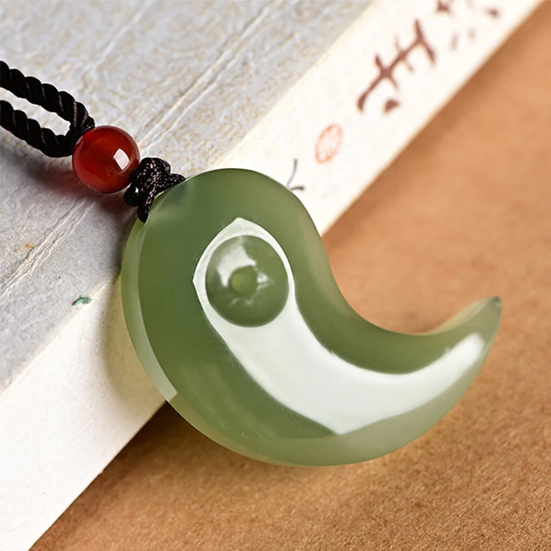 Buddha Stones Yin Yang White Jade Cyan Jade Protection Blessing Necklace String Pendant