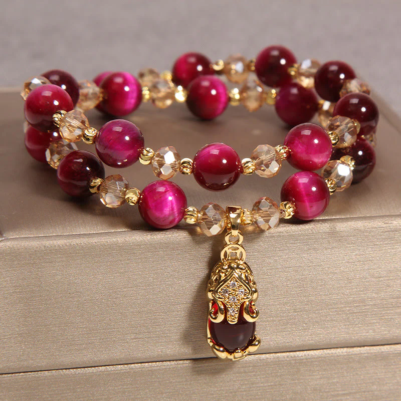 Buddha Stones Tiger Eye Pixiu Fox Money Bag Protection Self Confidence Double Wrap Bracelet