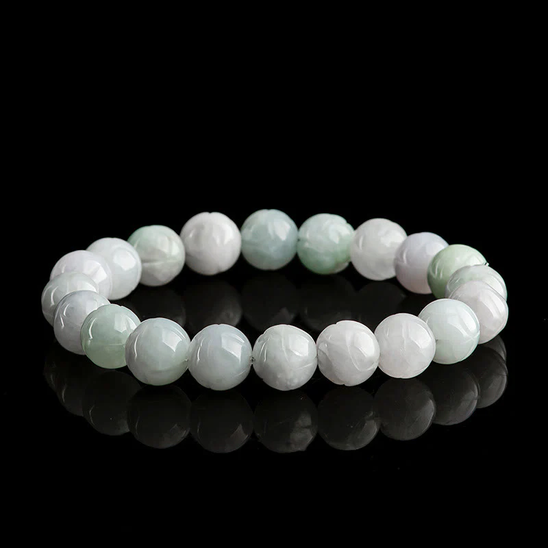 Buddha Stones Natural Jade Lotus Carving Prosperity Bracelet
