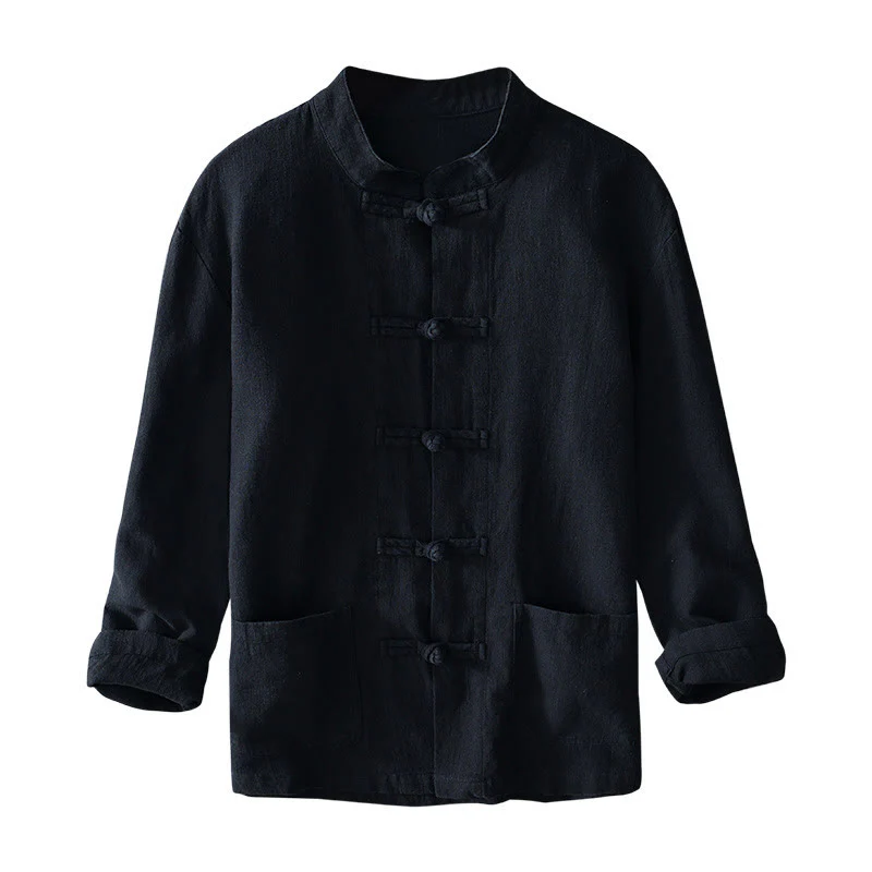Buddha Stones Frog-Button Chinese Tang Suit Cotton Linen Men Jacket Shirt With Pockets
