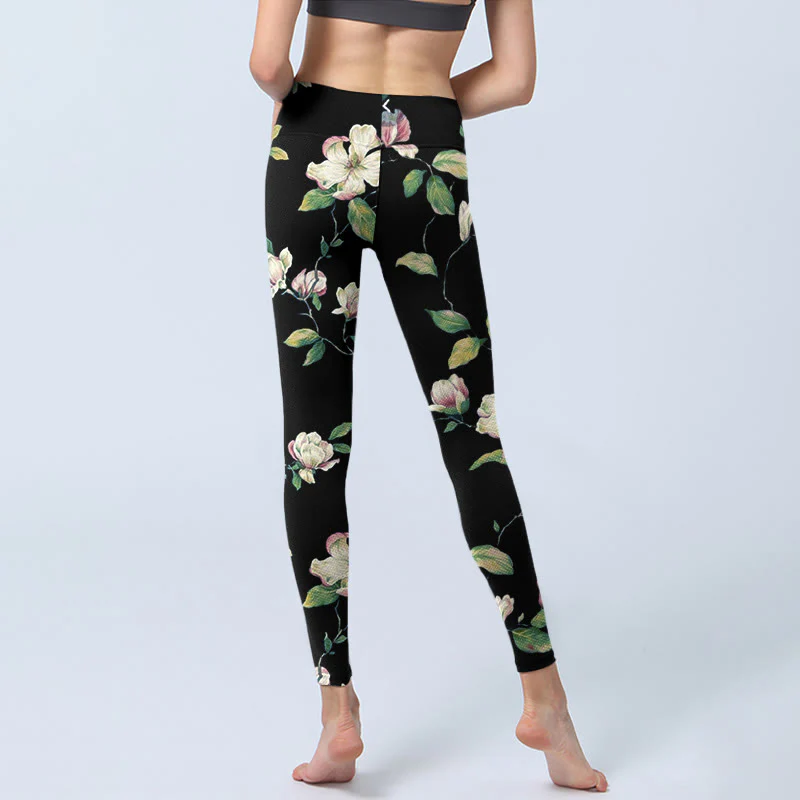 Buddha Stones Magnolia Flower Pattern Print Gym Leggings Women's Yoga Pants