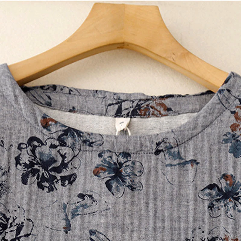 Buddha Stones Casual Small Floral Pattern Crew Neck Cotton Linen Midi Dress With Pockets