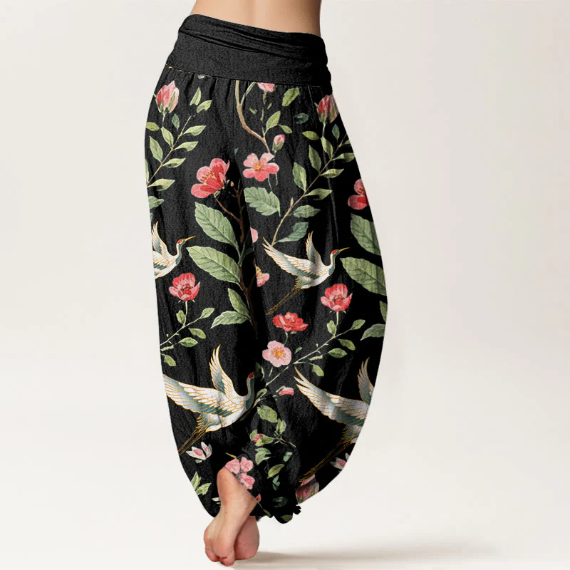 Buddha Stones Casual Red Flowers Crane Pattern Women's Elastic Waist Harem Pants