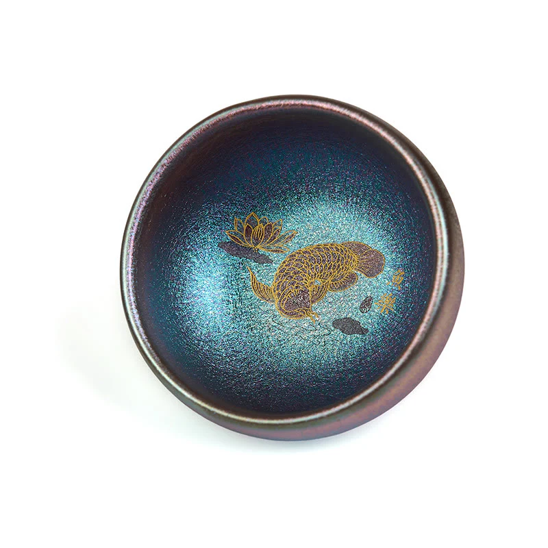 Buddha Stones Handmade Chinese Jianzhan Koi Fish Lotus Leaf Ceramic Teacup Kung Fu Tea Cup 150ml