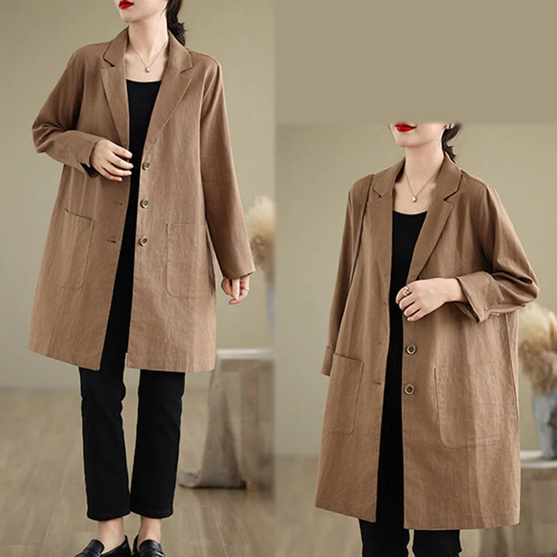 Buddha Stones Casual Fall Buttons Design Lapel Women's Cotton Linen Coat With Pockets