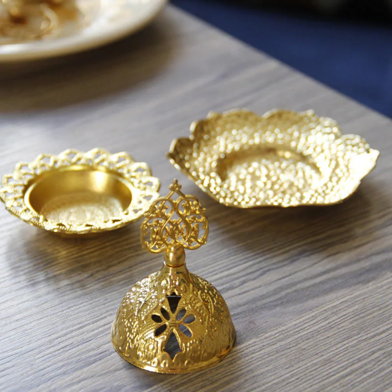 Buddha Stones Gold Leaf Coaster Spiritual Mini Alloy Metal Incense Burner