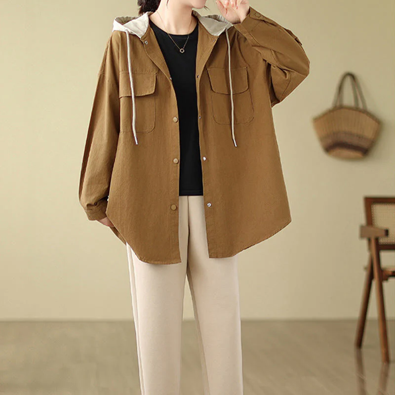 Buddha Stones Casual Commute Drawstring Hoodie Women's Cotton Linen Jacket With Pockets