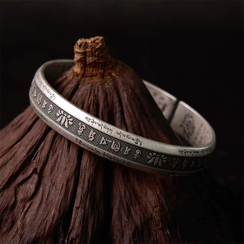 Buddha Stones Om Mani Padme Hum Heart Sutra Mantra Lotus Peace Meditation Cuff Bracelet Bangle