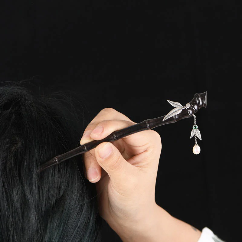 Buddha Stones 925 Sterling Silver Red Sandalwood Ebony Bamboo Power Hairpin