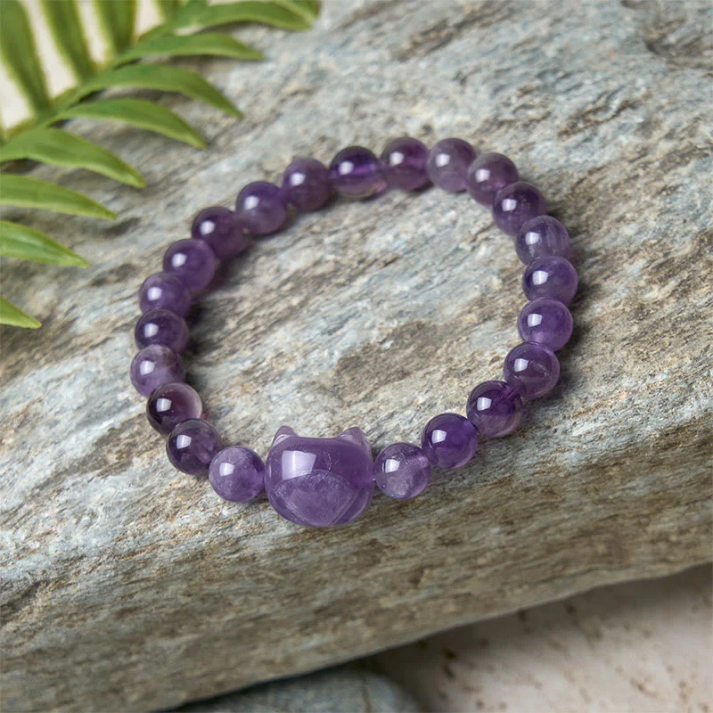 Buddha Stones Cute Cat Face Amethyst Spiritual Awareness Bracelet