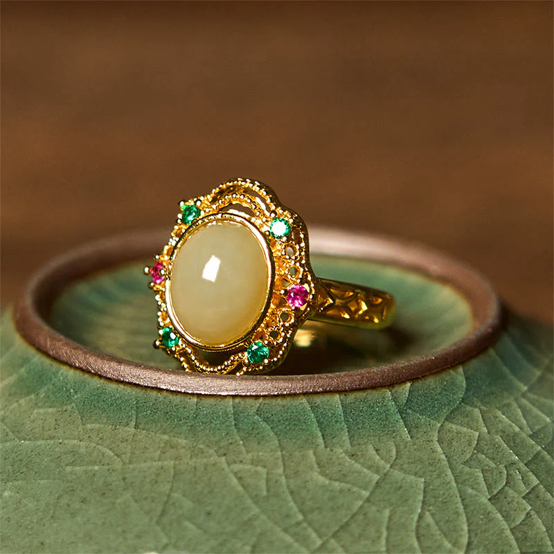 Buddha Stones Natural Hetian Jade Egg Hollow Pattern Copper Open Luck Ring