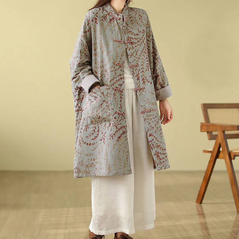 Buddha Stones Frog-button Vine Leaves Women's Cotton Linen Coat With Pockets