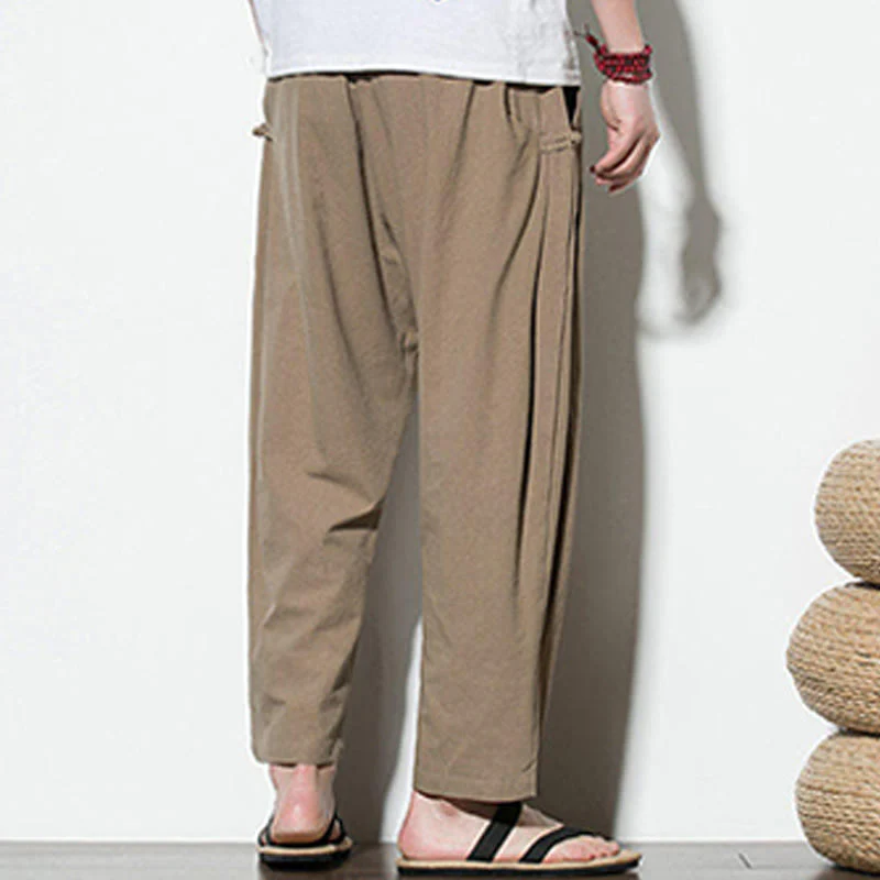 Buddha Stones Summer Side Frog-Button Design Men's Cotton Linen Pants With Pockets