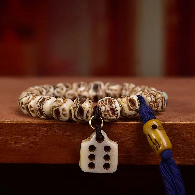 Buddha Stones Tibetan Camel Bone Garuda Carved Protection Tassel Bracelet