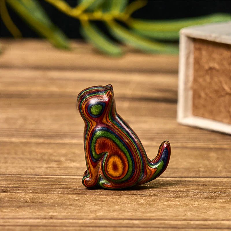 Buddha Stones 2Pcs Mini Rainbow Eucalyptus Sitting Cat Carved Reduce Stress Decoration