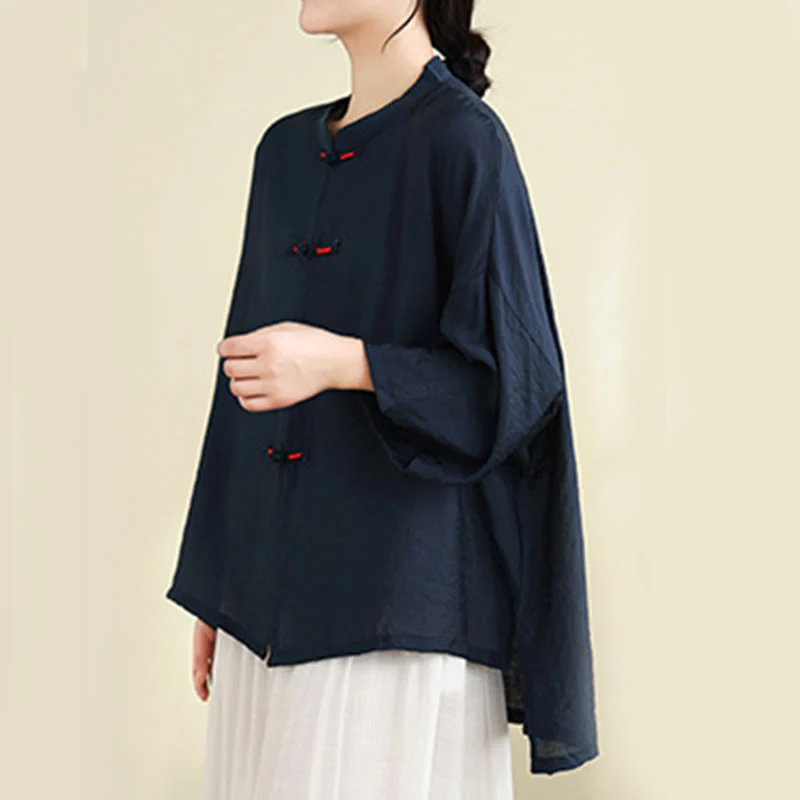 Buddha Stones 2pcs Casual Women's Frog Button Shirt Loose Pants Meditation Clothing Set