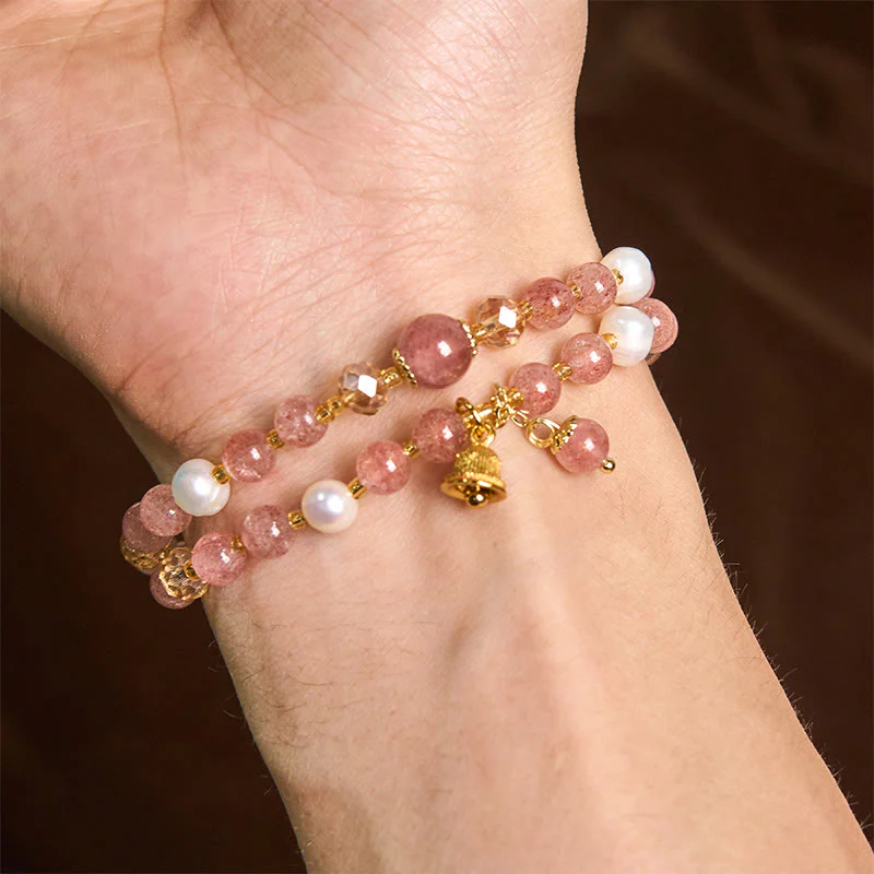 Buddha Stones Natural Strawberry Quartz Pearl Bell Healing Double Wrap Bracelet
