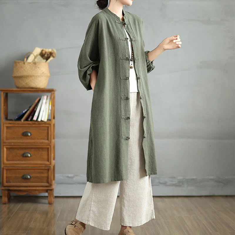 Buddha Stones Casual Frog-button Women's Cotton Linen Coat With Pockets