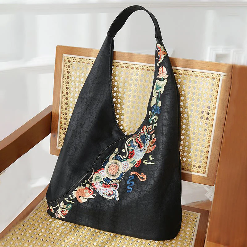 Buddha Stones Fish Flower Phoenix Embroidery Xiangyunsha Silk Shoulder Bag