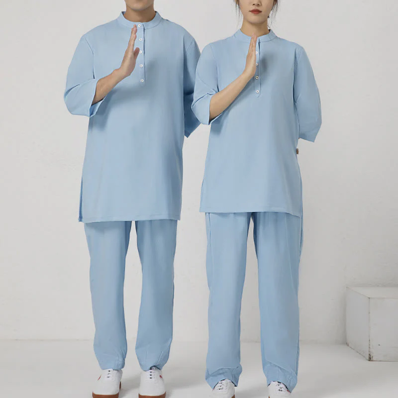 Buddha Stones 2Pcs Buttons Men's Three Quarter Sleeve Shirt Top Pants Meditation Zen Tai Chi Cotton Linen Clothing Set