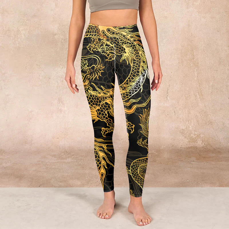 Buddha Stones Golden Dragon Print Gym Leggings Women's Yoga Pants