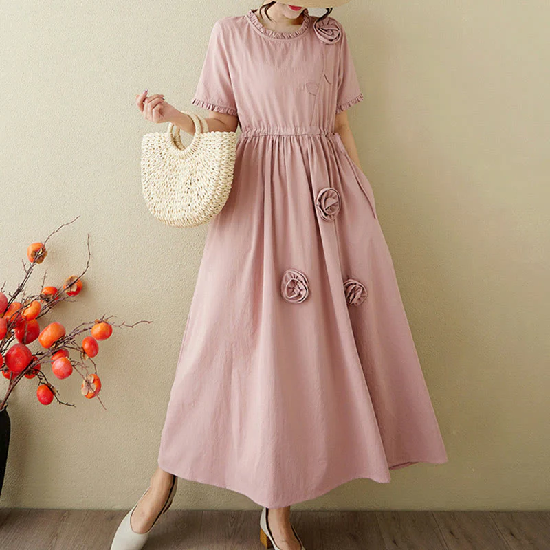 Buddha Stones Three-Dimensional Flower Design Ruffled Neck Cotton Linen Midi Dress With Pockets