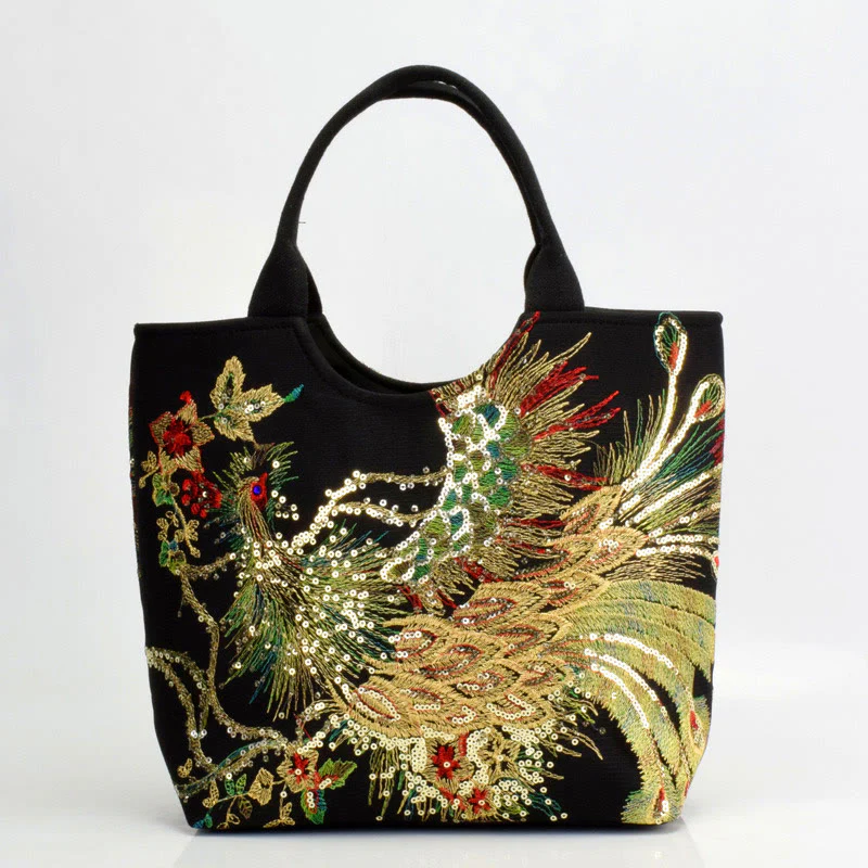 Buddha Stones Peacock Double-sided Embroidery Tote Bag Shoulder Bag Crossbody Bag