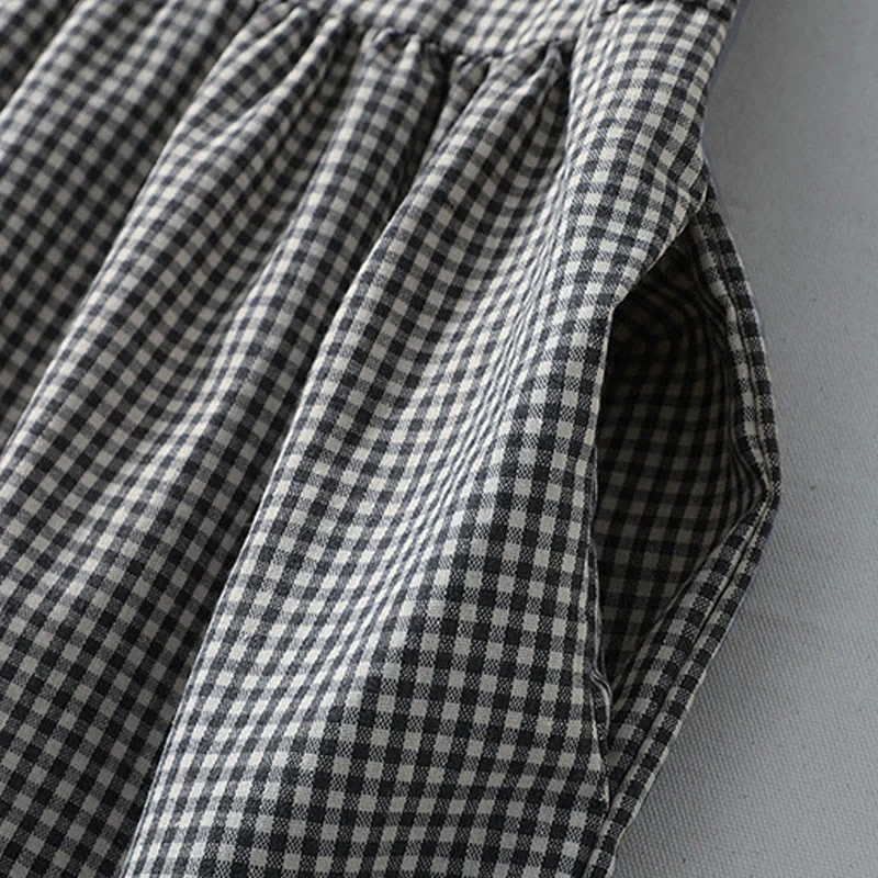 Buddha Stones Casual Plaid Pattern Long Lantern Sleeve Cotton Linen Midi Dress With Pockets