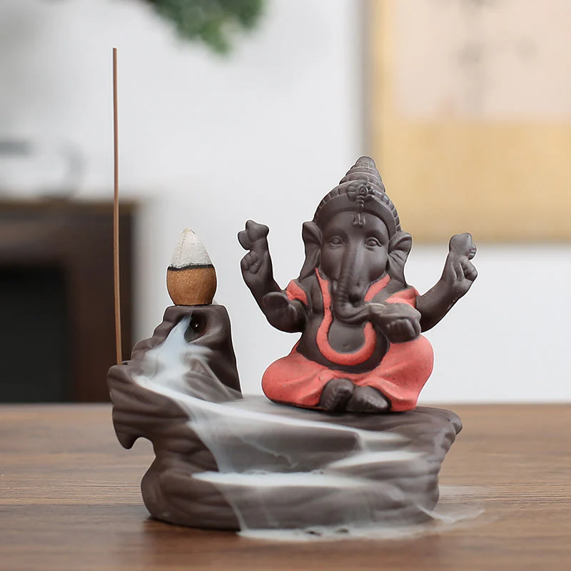 Buddha Stones Ganesh Elephant Purple Clay Backflow Smoke Fountain Protection Stick Incense Burner