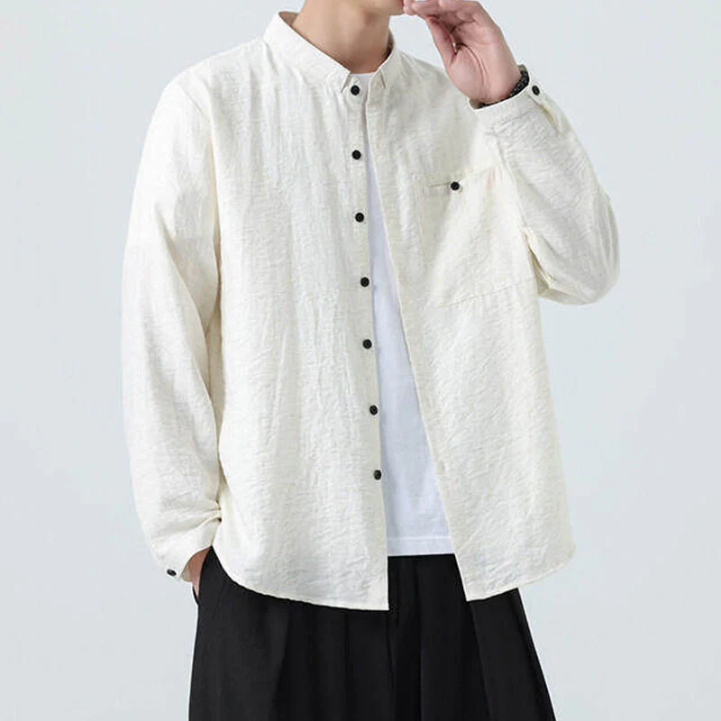 Buddha Stones Vintage Plain Buttons Down Stand Collar Long Sleeve Men's Cotton Shirt