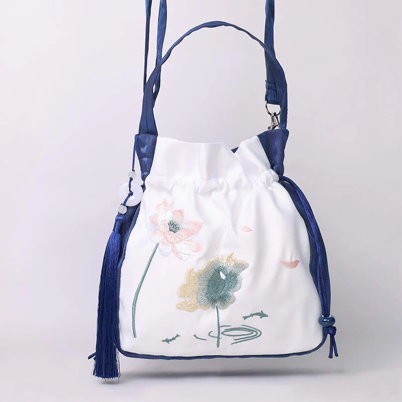 Buddha Stones Embroidered Lotus Koi Fish Crane Camellia Cotton Linen Tote Crossbody Bag Shoulder Bag Handbag