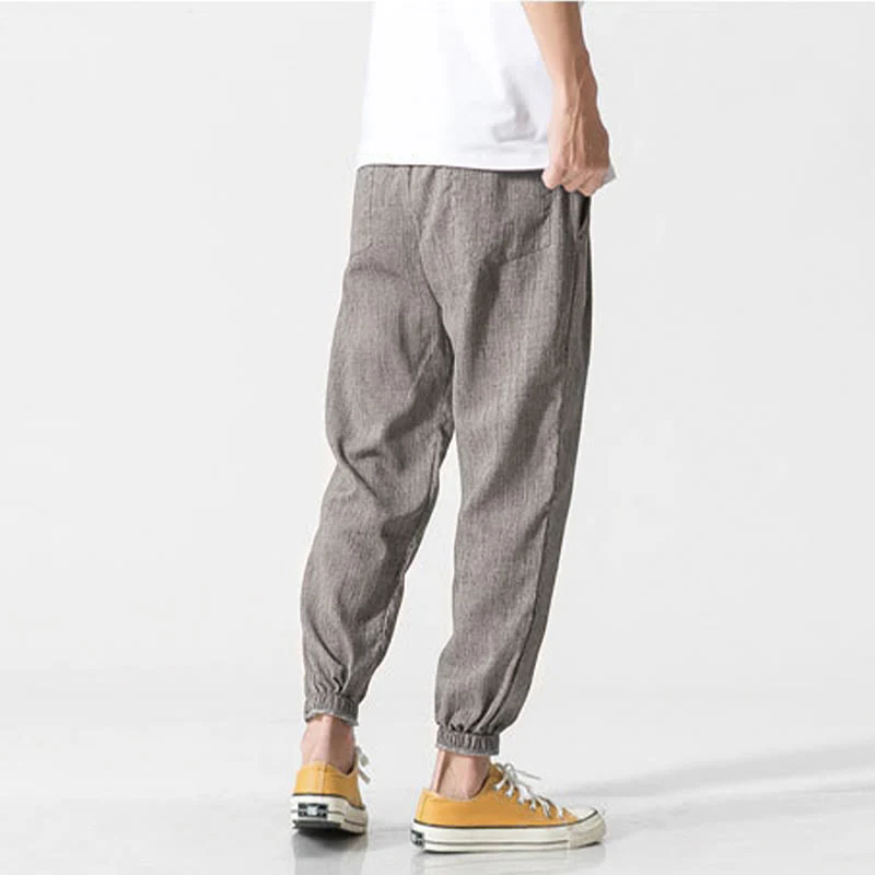 Buddha Stones Simple Drawstring Design Linen Men's Pants With Pockets