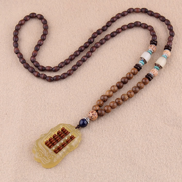 Buddha Stones Tibetan Wenge Wood Bodhi Seed Agate Balance Peace Necklace Pendant