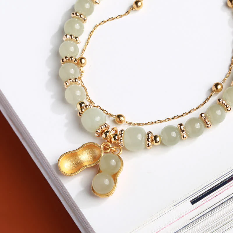 Buddha Stones 925 Sterling Silver Natural Hetian Jade Good Things Happen Peanut Charm Bracelet