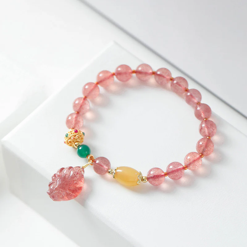 Buddha Stones Natural Strawberry Quartz Nine Tailed Fox Healing Bracelet