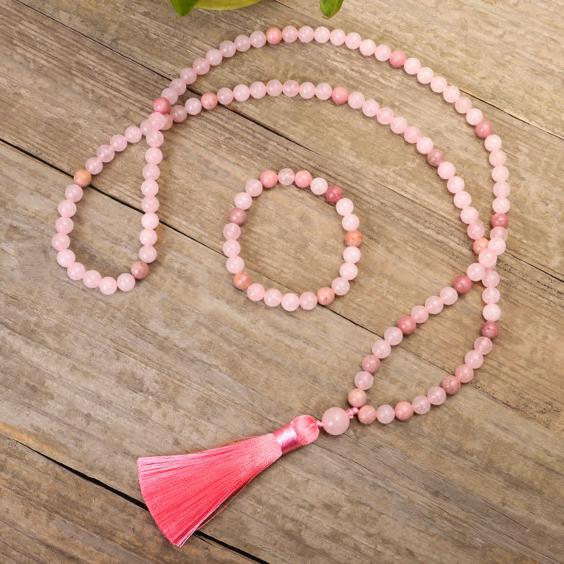 Buddha Stones 108 Mala Beads Pink Crystal Love Tassel Bracelet