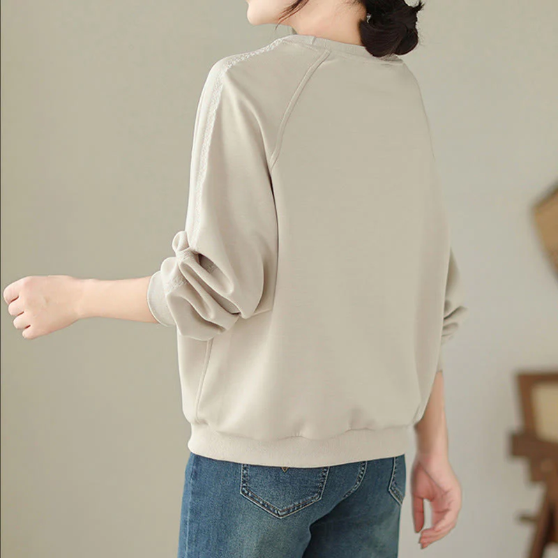 Buddha Stones Fall Plain Crew Neck Cotton Pullover Women's Sweatshirt